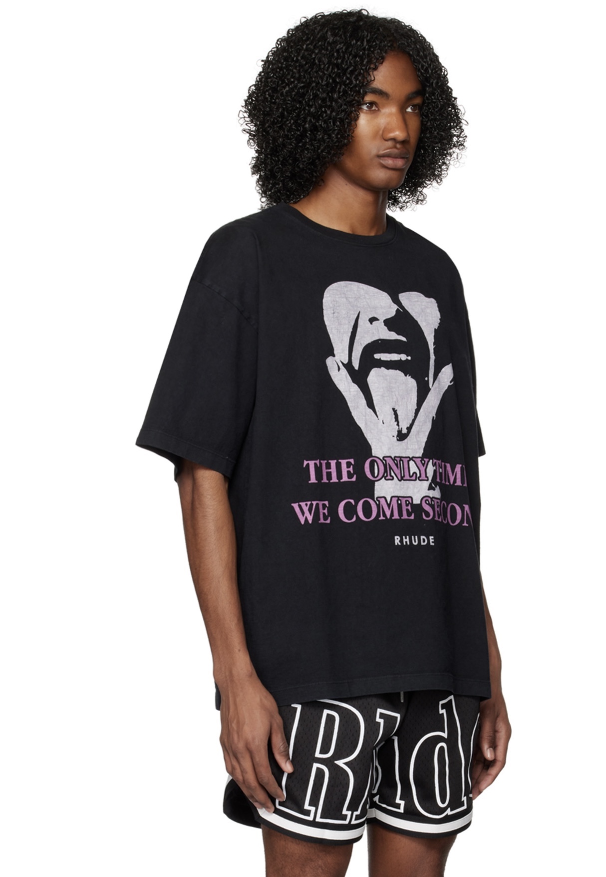 RHUDE Retro Slogan Portrait Print Short Sleeve T-Shirt Black