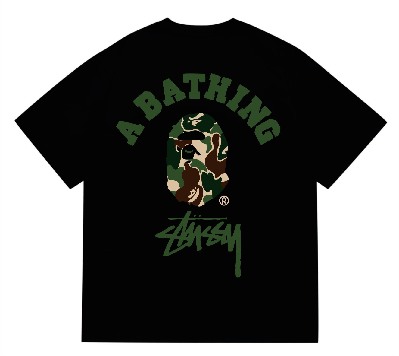 BAPE×Stuss! Green Color Camo By Bathing Tee
