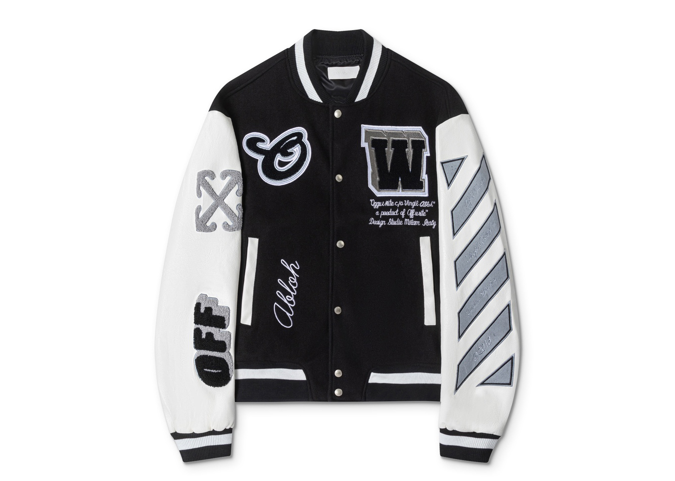Off-White 2024 Fall/Winter new heavy embroidery patchwork leather varsity jacket in black, unisex