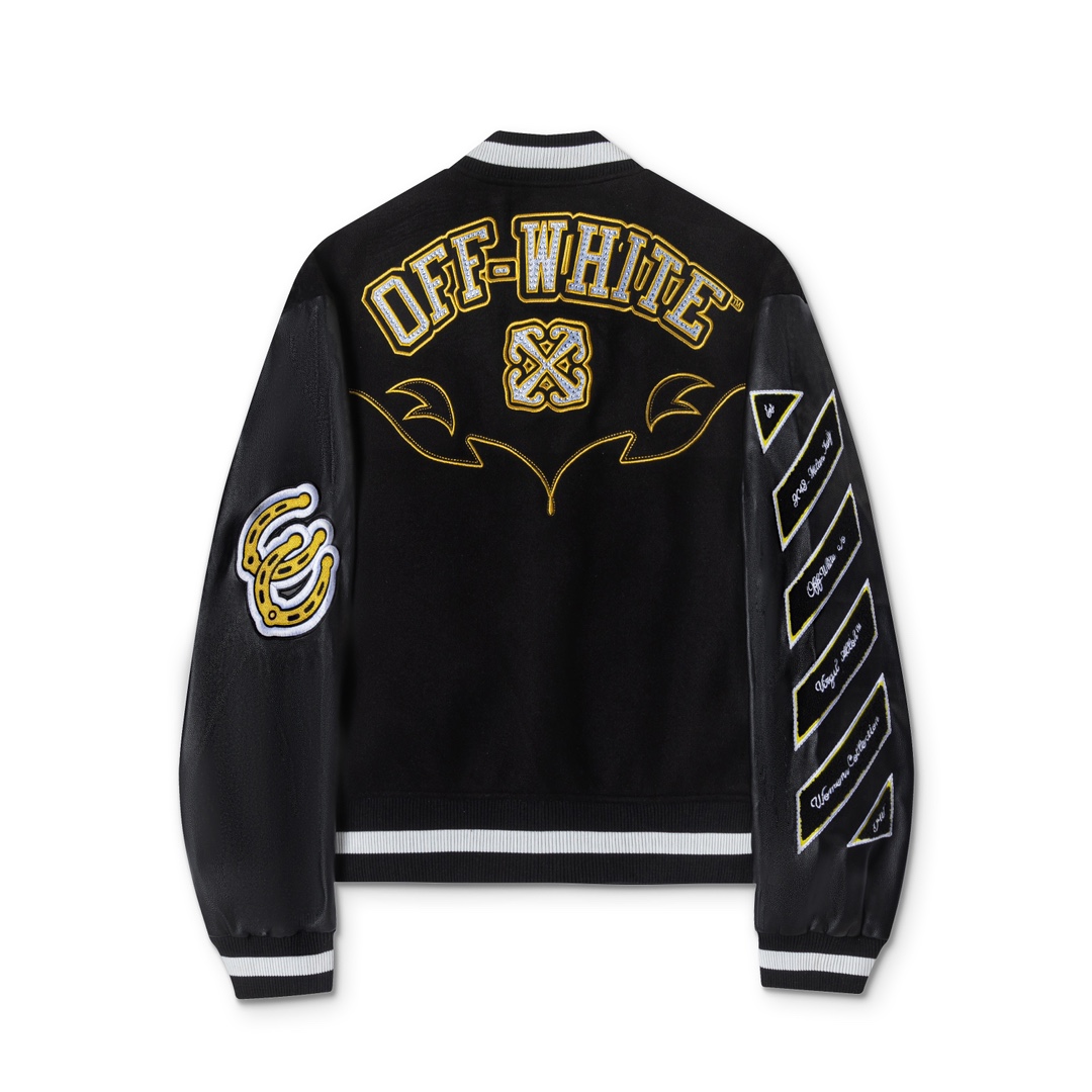 Off-White 2024 Fall/Winter new heavy embroidery rhinestone patchwork leather varsity jacket in black, unisex