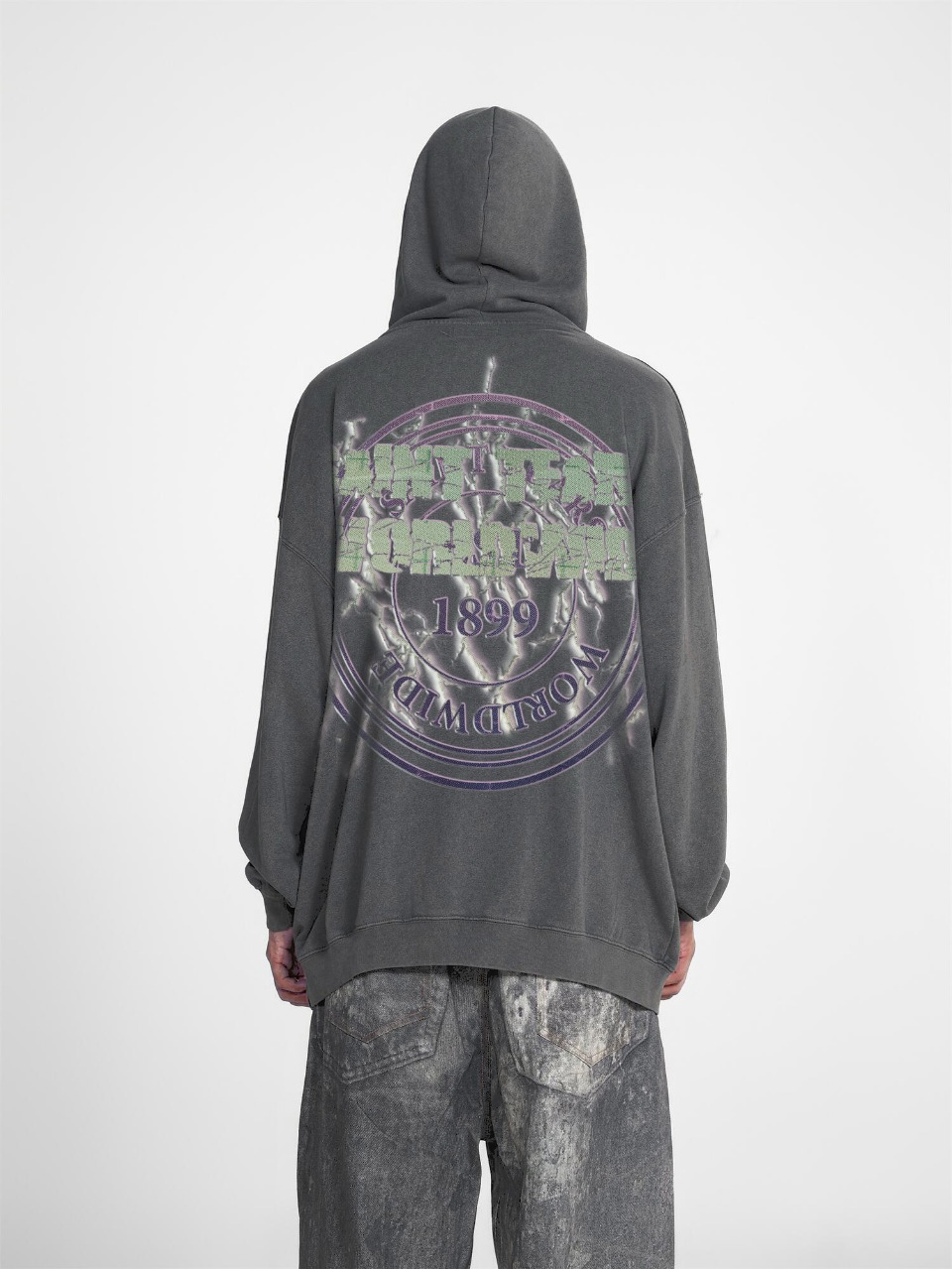 Saint Mich@el tears washed distressed salt-treated 400g heavy-weight vintage terry cloth hoodie in gray